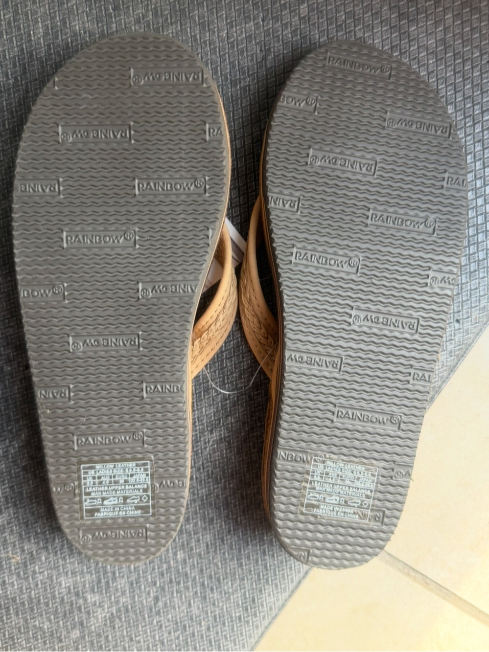 Rainbow Tan Leather Flip Flops with Yellow Logo Tab - Picture 3 of 3